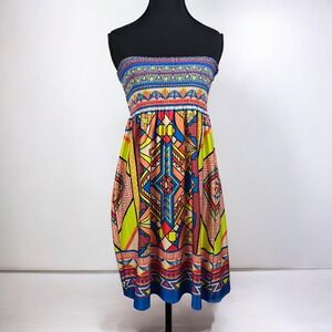 Flying Tomato Dress Woman Medium Smocked Bodice Strapless Geometric Tribal Print